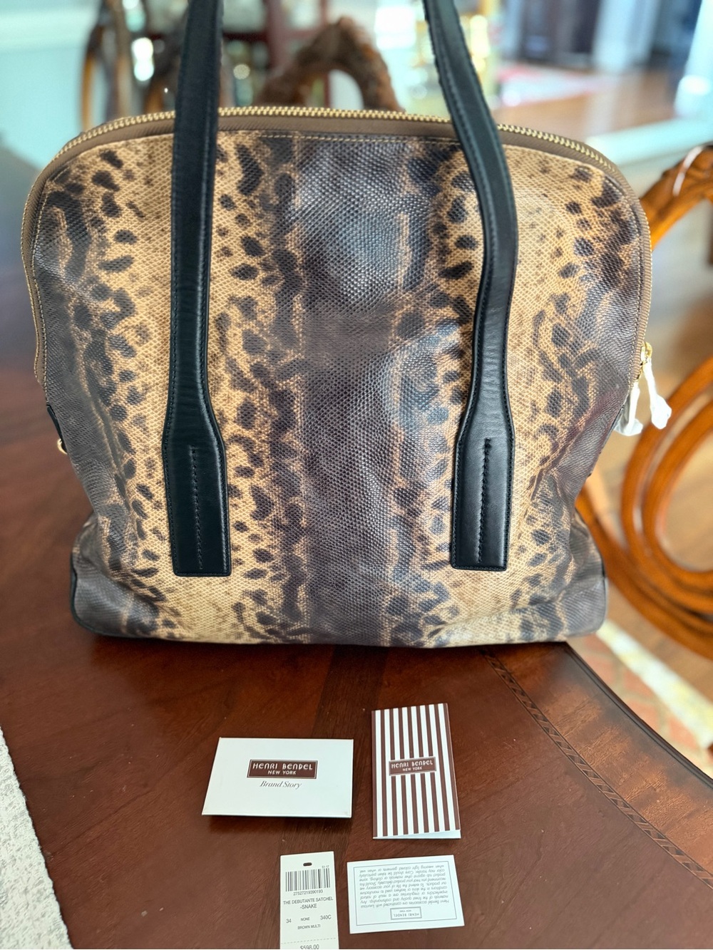 NWT Henri Bendel Debutant Snake Pattern Satchel Brown Multi Gold Hardware